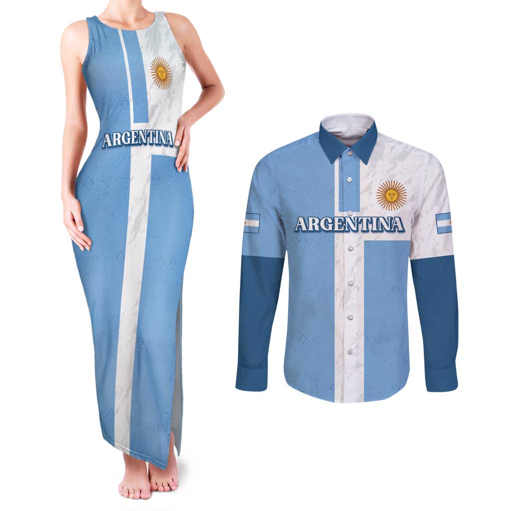 Custom Argentina 2024 Football Couples Matching Tank Maxi Dress and Long Sleeve Button Shirt Sport Style LT05 - Wonder Print Shop