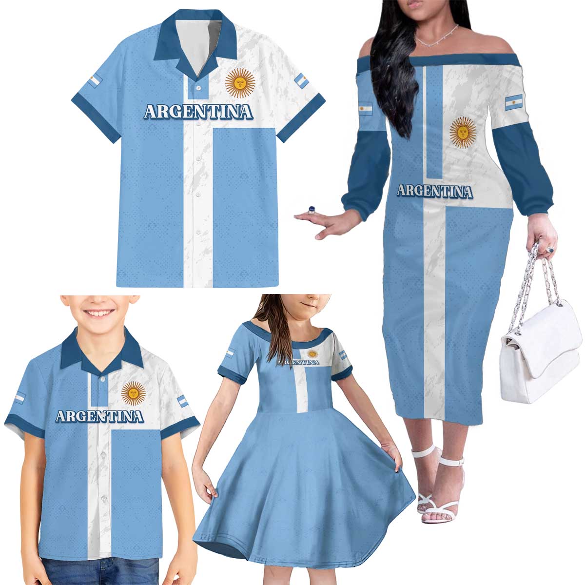 Custom Argentina 2024 Football Family Matching Off The Shoulder Long Sleeve Dress and Hawaiian Shirt Sport Style LT05 - Wonder Print Shop