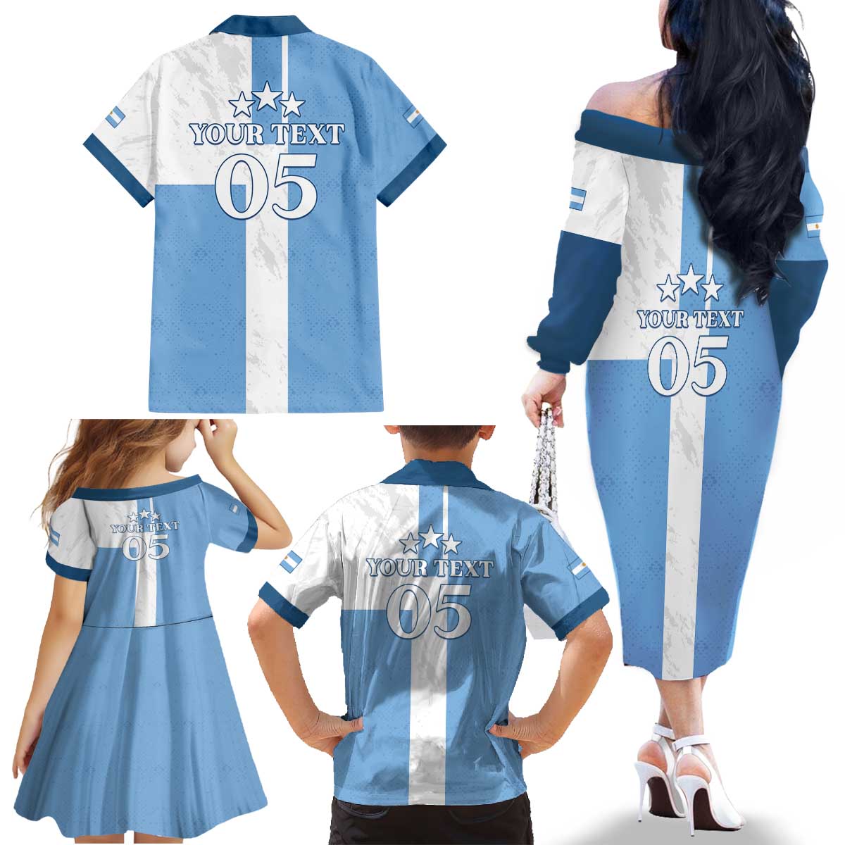 Custom Argentina 2024 Football Family Matching Off The Shoulder Long Sleeve Dress and Hawaiian Shirt Sport Style LT05 - Wonder Print Shop