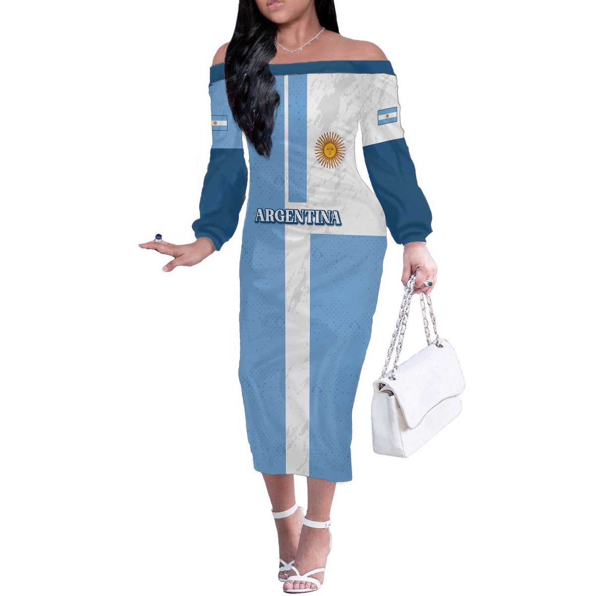 Custom Argentina 2024 Football Off The Shoulder Long Sleeve Dress Sport Style LT05 - Wonder Print Shop