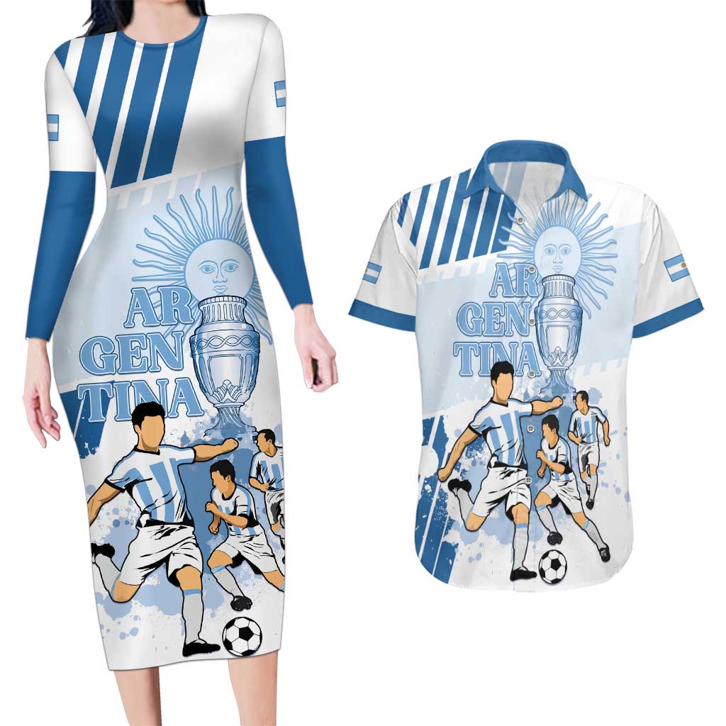 Custom Argentina 2024 Football Couples Matching Long Sleeve Bodycon Dress and Hawaiian Shirt Go Champions La Albiceleste LT05 - Wonder Print Shop