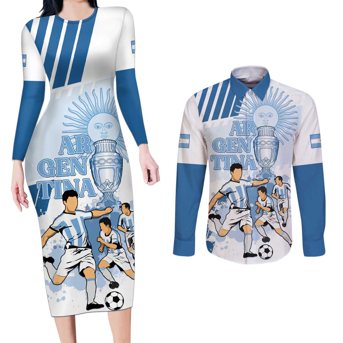 Custom Argentina 2024 Football Couples Matching Long Sleeve Bodycon Dress and Long Sleeve Button Shirt Go Champions La Albiceleste LT05 - Wonder Print Shop