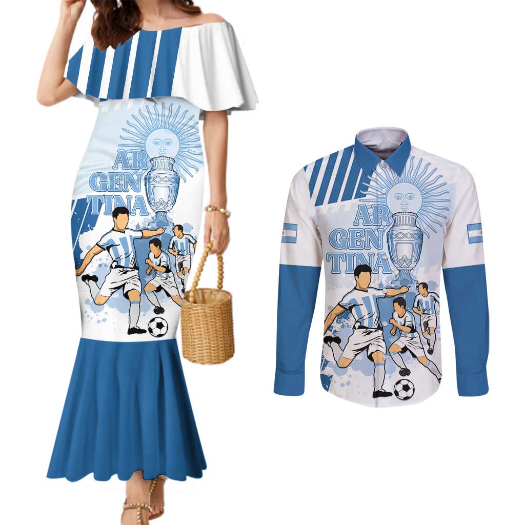 Custom Argentina 2024 Football Couples Matching Mermaid Dress and Long Sleeve Button Shirt Go Champions La Albiceleste