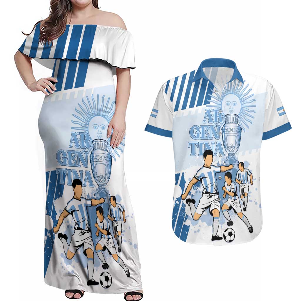Custom Argentina 2024 Football Couples Matching Off Shoulder Maxi Dress and Hawaiian Shirt Go Champions La Albiceleste LT05 - Wonder Print Shop