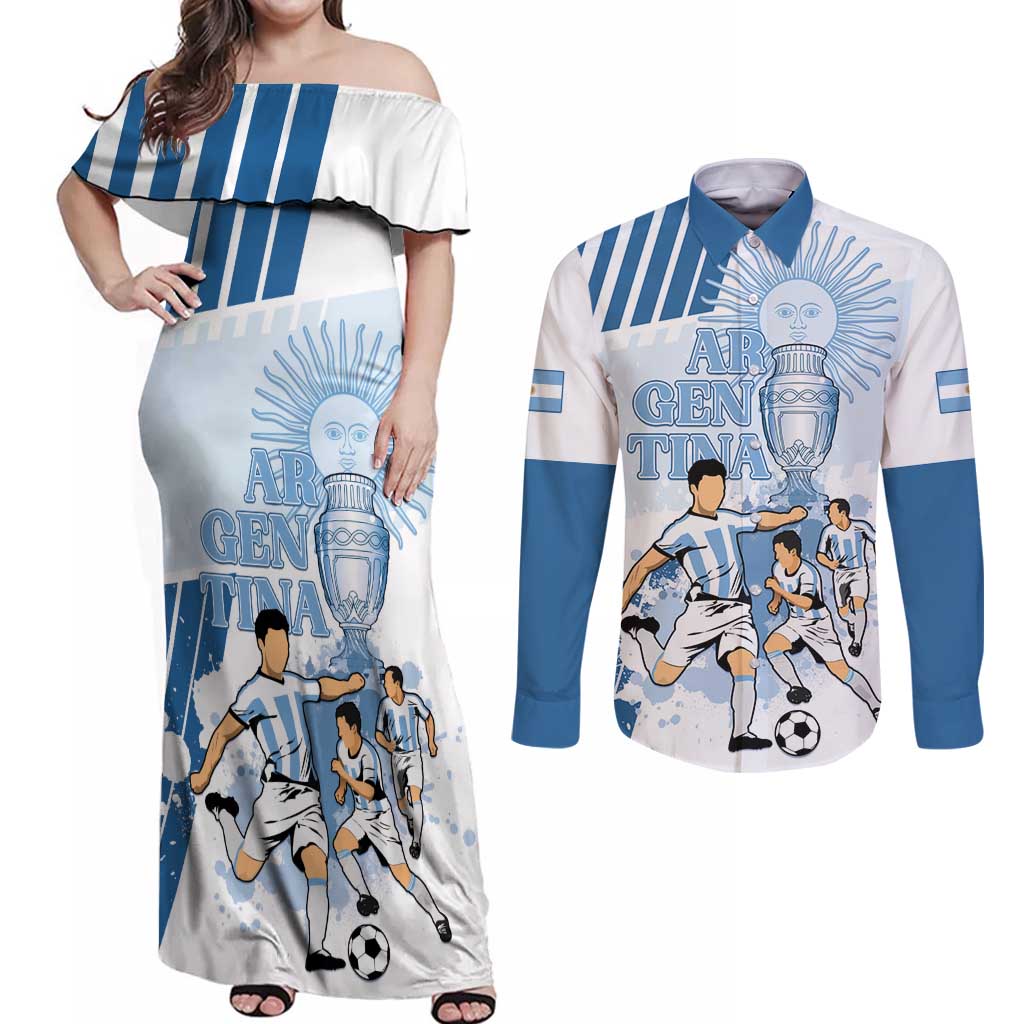 Custom Argentina 2024 Football Couples Matching Off Shoulder Maxi Dress and Long Sleeve Button Shirt Go Champions La Albiceleste LT05 - Wonder Print Shop