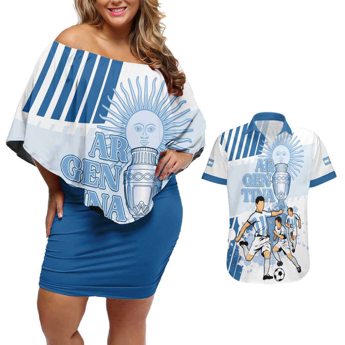 Custom Argentina 2024 Football Couples Matching Off Shoulder Short Dress and Hawaiian Shirt Go Champions La Albiceleste LT05 - Wonder Print Shop
