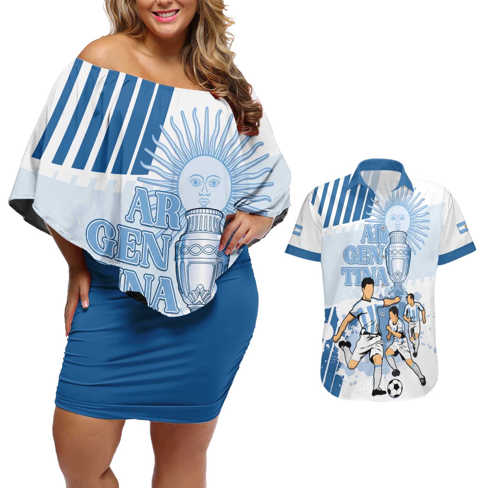 Custom Argentina 2024 Football Couples Matching Off Shoulder Short Dress and Hawaiian Shirt Go Champions La Albiceleste LT05 - Wonder Print Shop