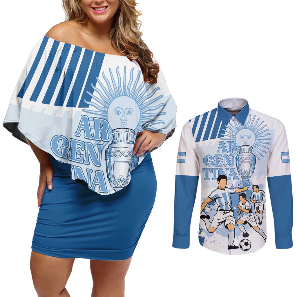 Custom Argentina 2024 Football Couples Matching Off Shoulder Short Dress and Long Sleeve Button Shirt Go Champions La Albiceleste LT05 - Wonder Print Shop