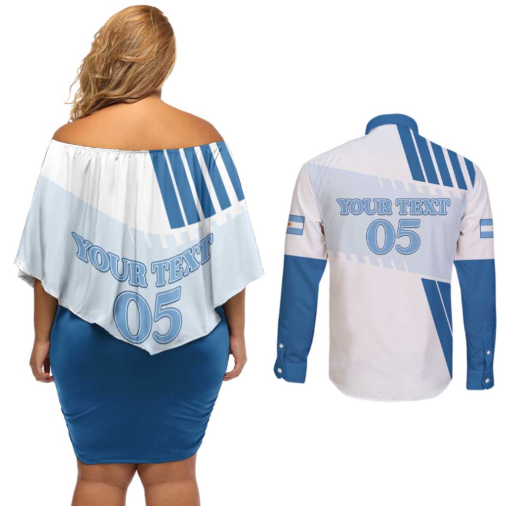 Custom Argentina 2024 Football Couples Matching Off Shoulder Short Dress and Long Sleeve Button Shirt Go Champions La Albiceleste LT05 - Wonder Print Shop