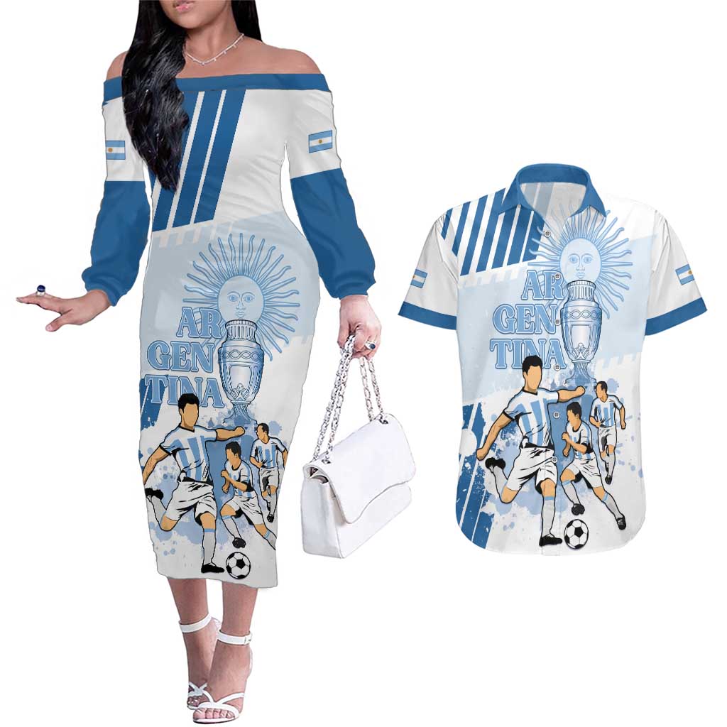 Custom Argentina 2024 Football Couples Matching Off The Shoulder Long Sleeve Dress and Hawaiian Shirt Go Champions La Albiceleste LT05 - Wonder Print Shop