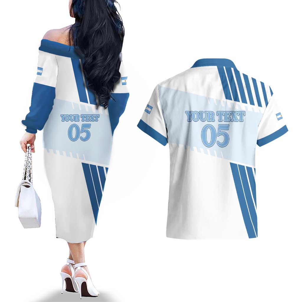 Custom Argentina 2024 Football Couples Matching Off The Shoulder Long Sleeve Dress and Hawaiian Shirt Go Champions La Albiceleste LT05 - Wonder Print Shop