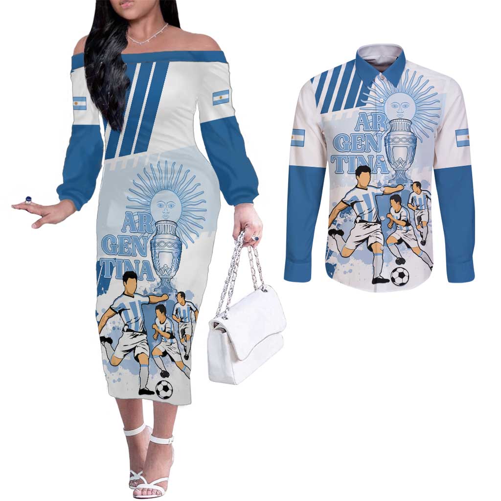 Custom Argentina 2024 Football Couples Matching Off The Shoulder Long Sleeve Dress and Long Sleeve Button Shirt Go Champions La Albiceleste
