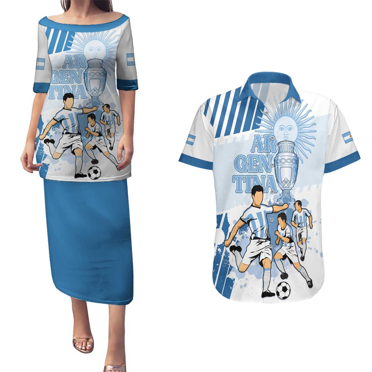 Custom Argentina 2024 Football Couples Matching Puletasi and Hawaiian Shirt Go Champions La Albiceleste LT05 - Wonder Print Shop