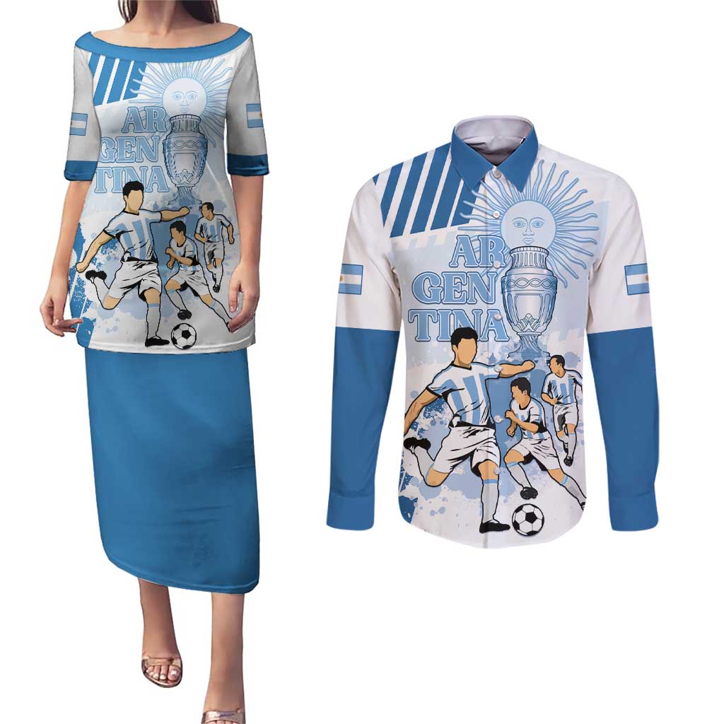 Custom Argentina 2024 Football Couples Matching Puletasi and Long Sleeve Button Shirt Go Champions La Albiceleste LT05 - Wonder Print Shop
