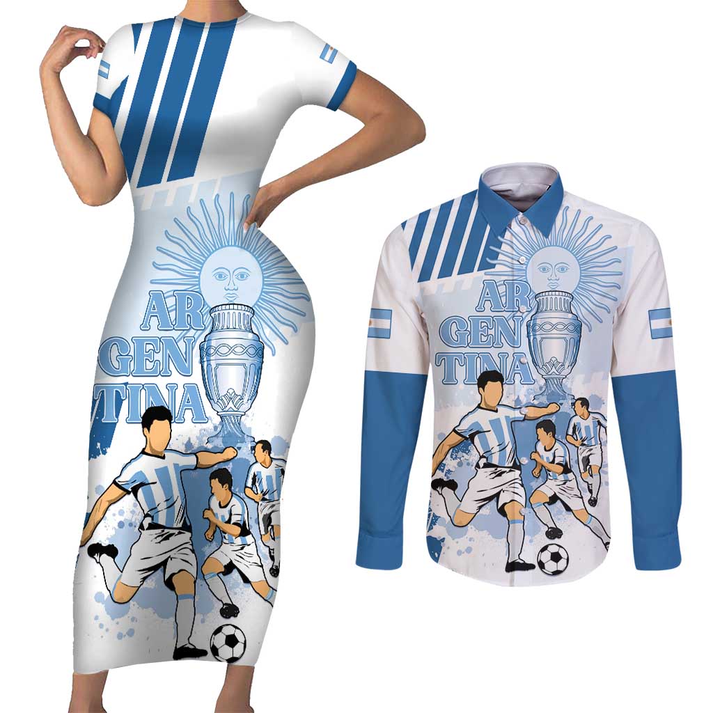Custom Argentina 2024 Football Couples Matching Short Sleeve Bodycon Dress and Long Sleeve Button Shirt Go Champions La Albiceleste LT05 - Wonder Print Shop