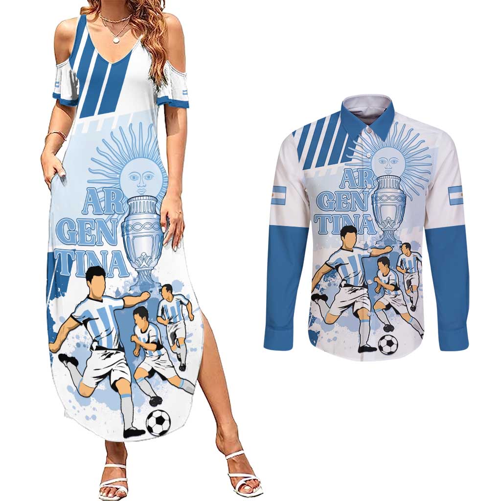 Custom Argentina 2024 Football Couples Matching Summer Maxi Dress and Long Sleeve Button Shirt Go Champions La Albiceleste LT05 - Wonder Print Shop