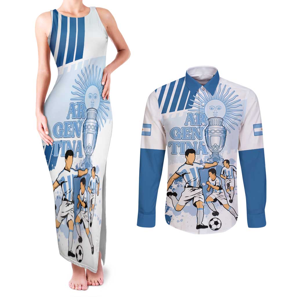 Custom Argentina 2024 Football Couples Matching Tank Maxi Dress and Long Sleeve Button Shirt Go Champions La Albiceleste LT05 - Wonder Print Shop