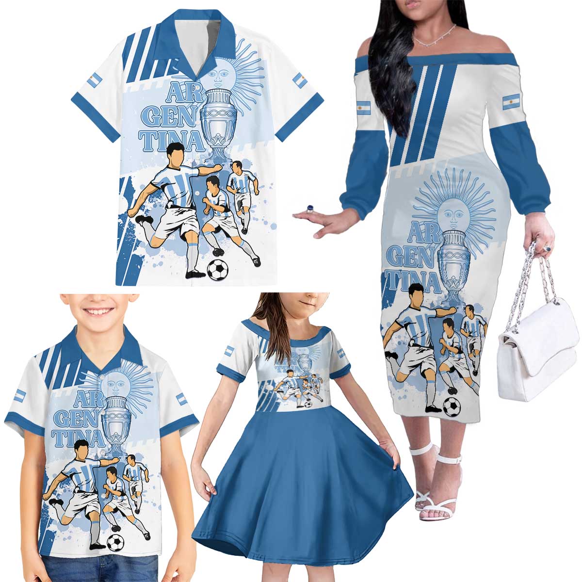 Custom Argentina 2024 Football Family Matching Off The Shoulder Long Sleeve Dress and Hawaiian Shirt Go Champions La Albiceleste LT05 - Wonder Print Shop