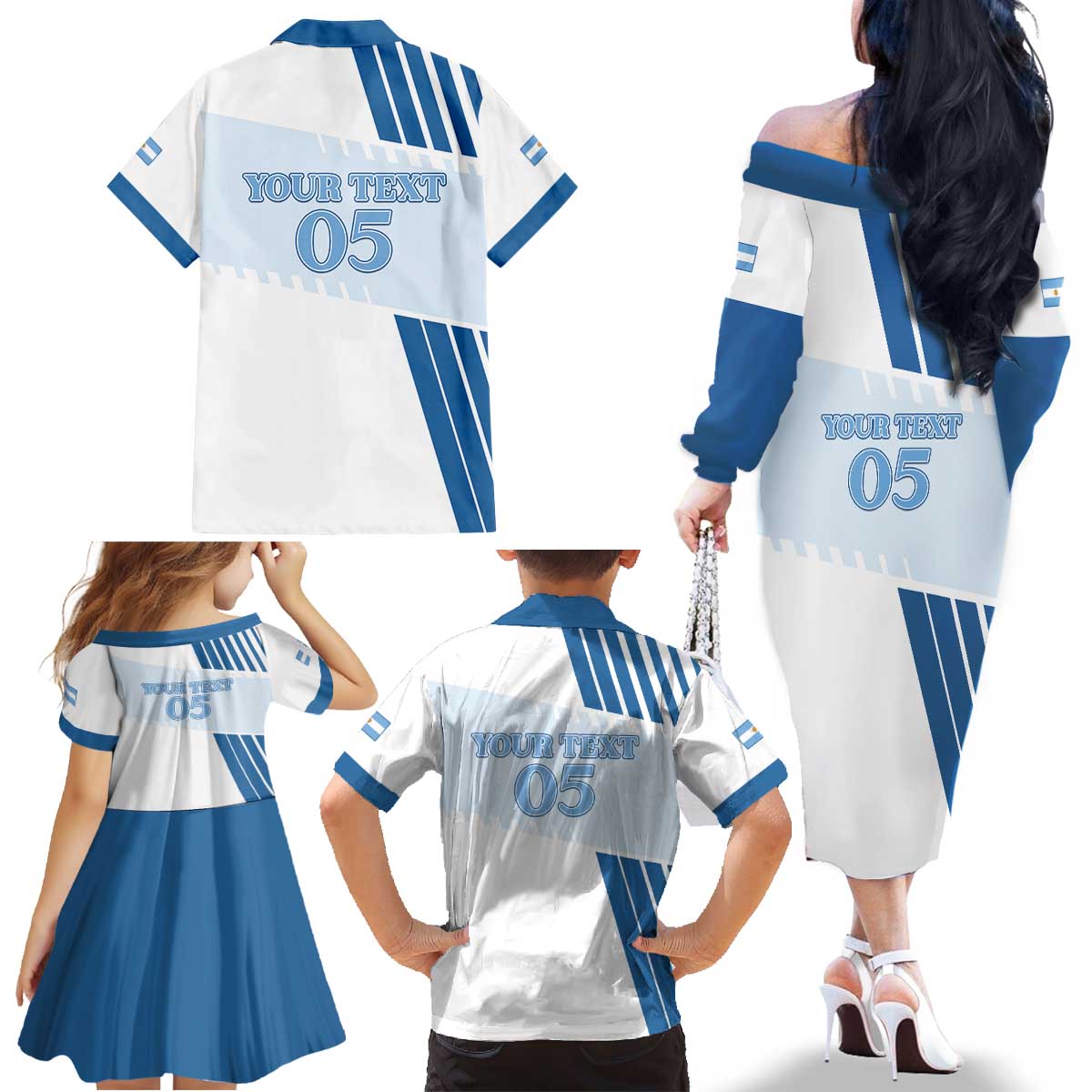 Custom Argentina 2024 Football Family Matching Off The Shoulder Long Sleeve Dress and Hawaiian Shirt Go Champions La Albiceleste LT05 - Wonder Print Shop