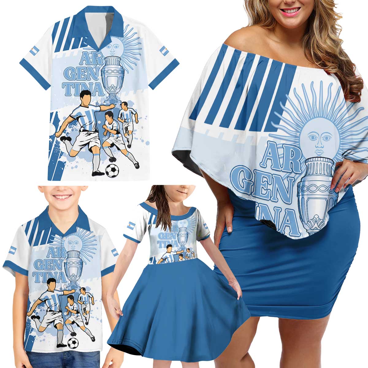 Custom Argentina 2024 Football Family Matching Off Shoulder Short Dress and Hawaiian Shirt Go Champions La Albiceleste LT05 - Wonder Print Shop