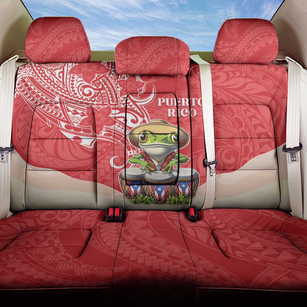 Puerto Rico Back Car Seat Cover Coqui Frog With Polynesian Pattern - Wonder Print Shop