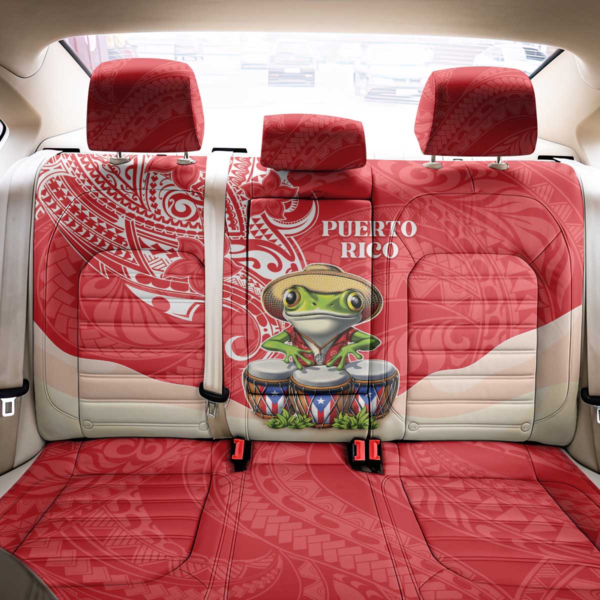 Puerto Rico Back Car Seat Cover Coqui Frog With Polynesian Pattern - Wonder Print Shop