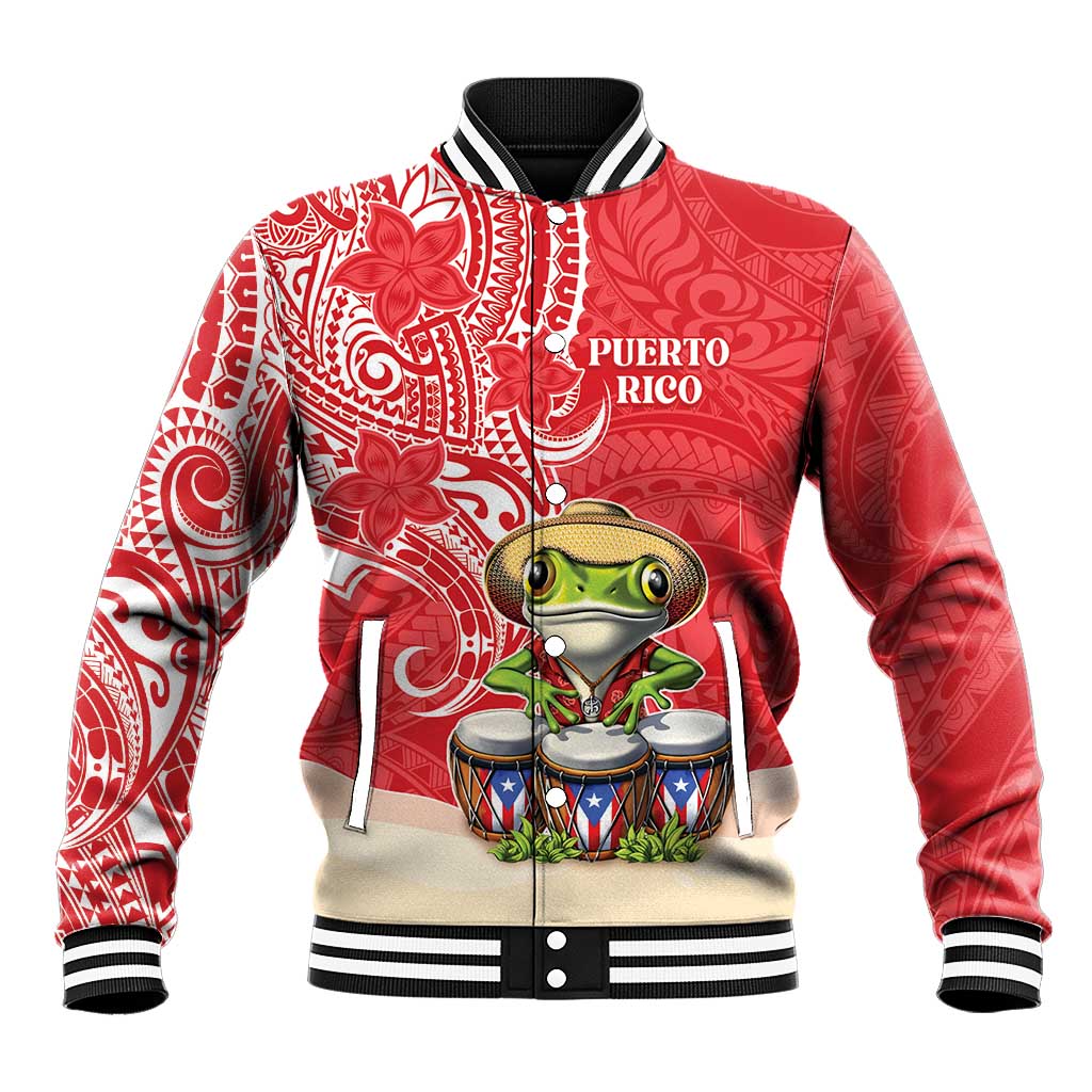 Personalized Puerto Rico Baseball Jacket Coqui Frog With Polynesian Pattern - Wonder Print Shop