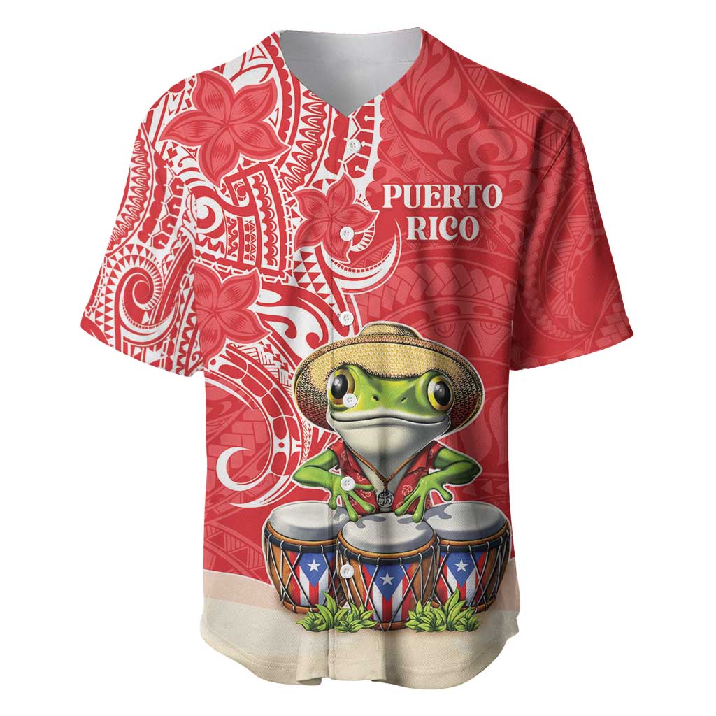Personalized Puerto Rico Baseball Jersey Coqui Frog With Polynesian Pattern - Wonder Print Shop