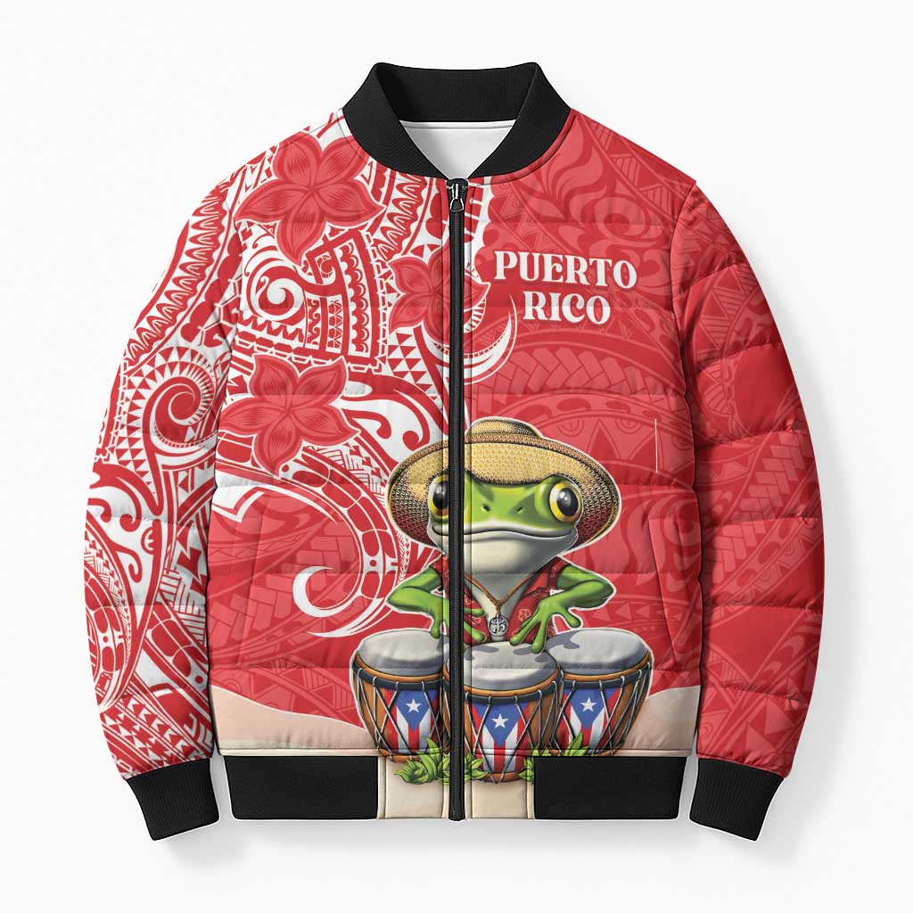 Personalized Puerto Rico Bomber Puffer Jacket Coqui Frog With Polynesian Pattern - Wonder Print Shop