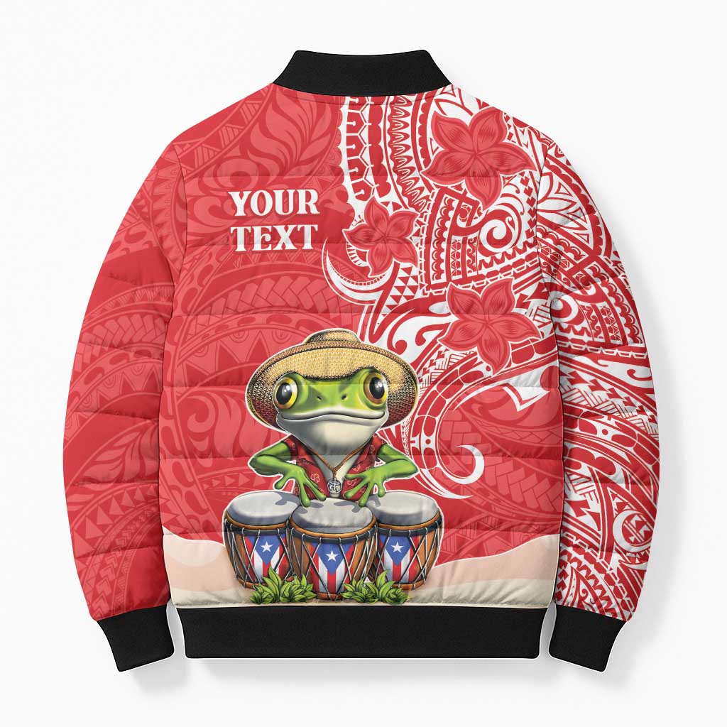 Personalized Puerto Rico Bomber Puffer Jacket Coqui Frog With Polynesian Pattern - Wonder Print Shop