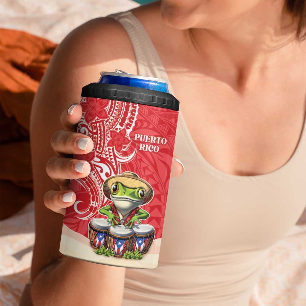 Personalized Puerto Rico 4 in 1 Can Cooler Tumbler Coqui Frog With Polynesian Pattern - Wonder Print Shop
