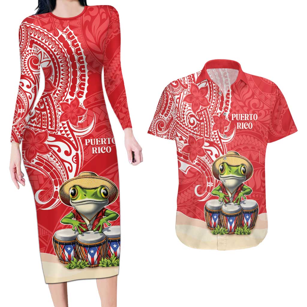 Personalized Puerto Rico Couples Matching Long Sleeve Bodycon Dress and Hawaiian Shirt Coqui Frog With Polynesian Pattern - Wonder Print Shop