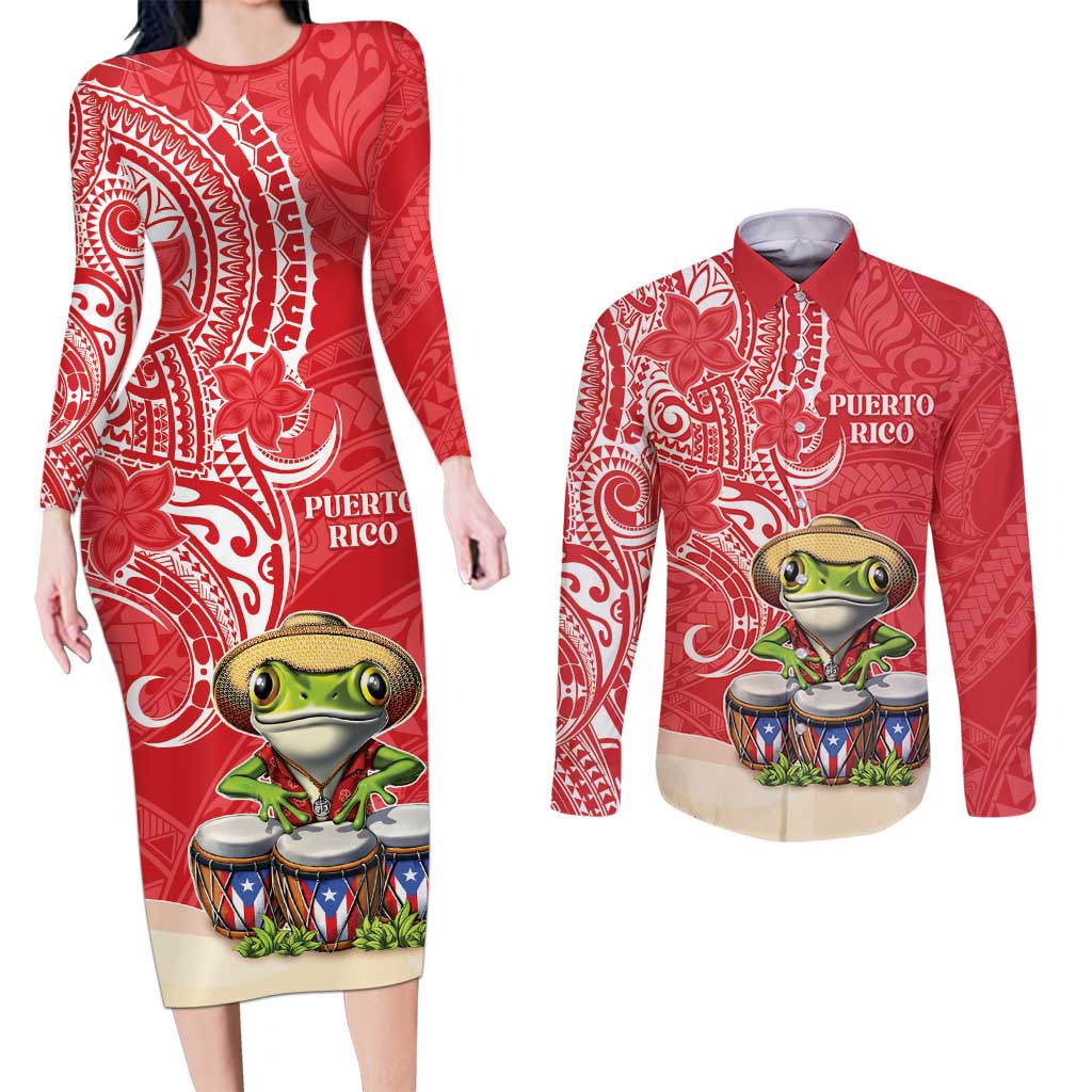 Personalized Puerto Rico Couples Matching Long Sleeve Bodycon Dress and Long Sleeve Button Shirt Coqui Frog With Polynesian Pattern - Wonder Print Shop