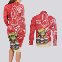 Personalized Puerto Rico Couples Matching Long Sleeve Bodycon Dress and Long Sleeve Button Shirt Coqui Frog With Polynesian Pattern - Wonder Print Shop