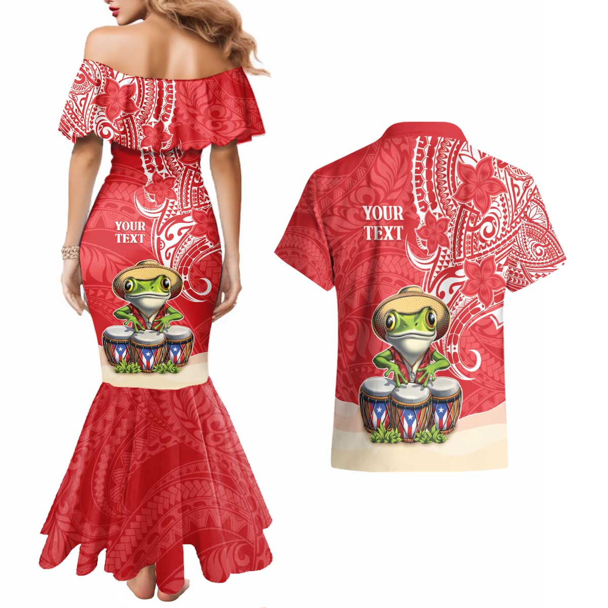 Personalized Puerto Rico Couples Matching Mermaid Dress and Hawaiian Shirt Coqui Frog With Polynesian Pattern - Wonder Print Shop