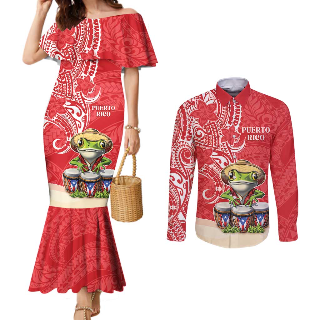 Personalized Puerto Rico Couples Matching Mermaid Dress and Long Sleeve Button Shirt Coqui Frog With Polynesian Pattern - Wonder Print Shop