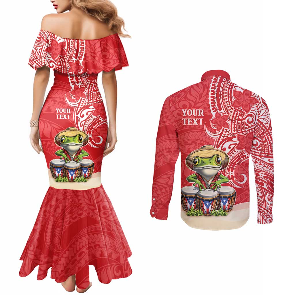 Personalized Puerto Rico Couples Matching Mermaid Dress and Long Sleeve Button Shirt Coqui Frog With Polynesian Pattern - Wonder Print Shop