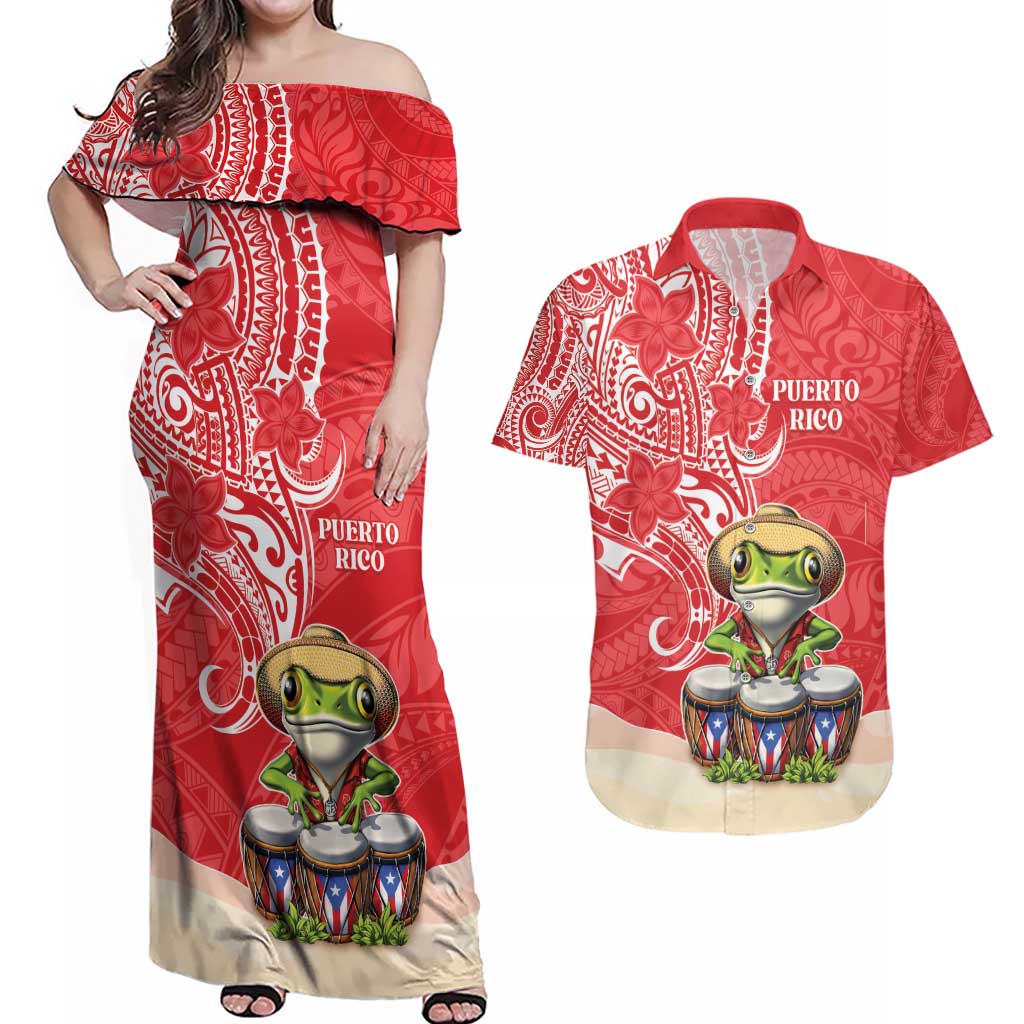Personalized Puerto Rico Couples Matching Off Shoulder Maxi Dress and Hawaiian Shirt Coqui Frog With Polynesian Pattern - Wonder Print Shop