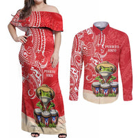 Personalized Puerto Rico Couples Matching Off Shoulder Maxi Dress and Long Sleeve Button Shirt Coqui Frog With Polynesian Pattern - Wonder Print Shop