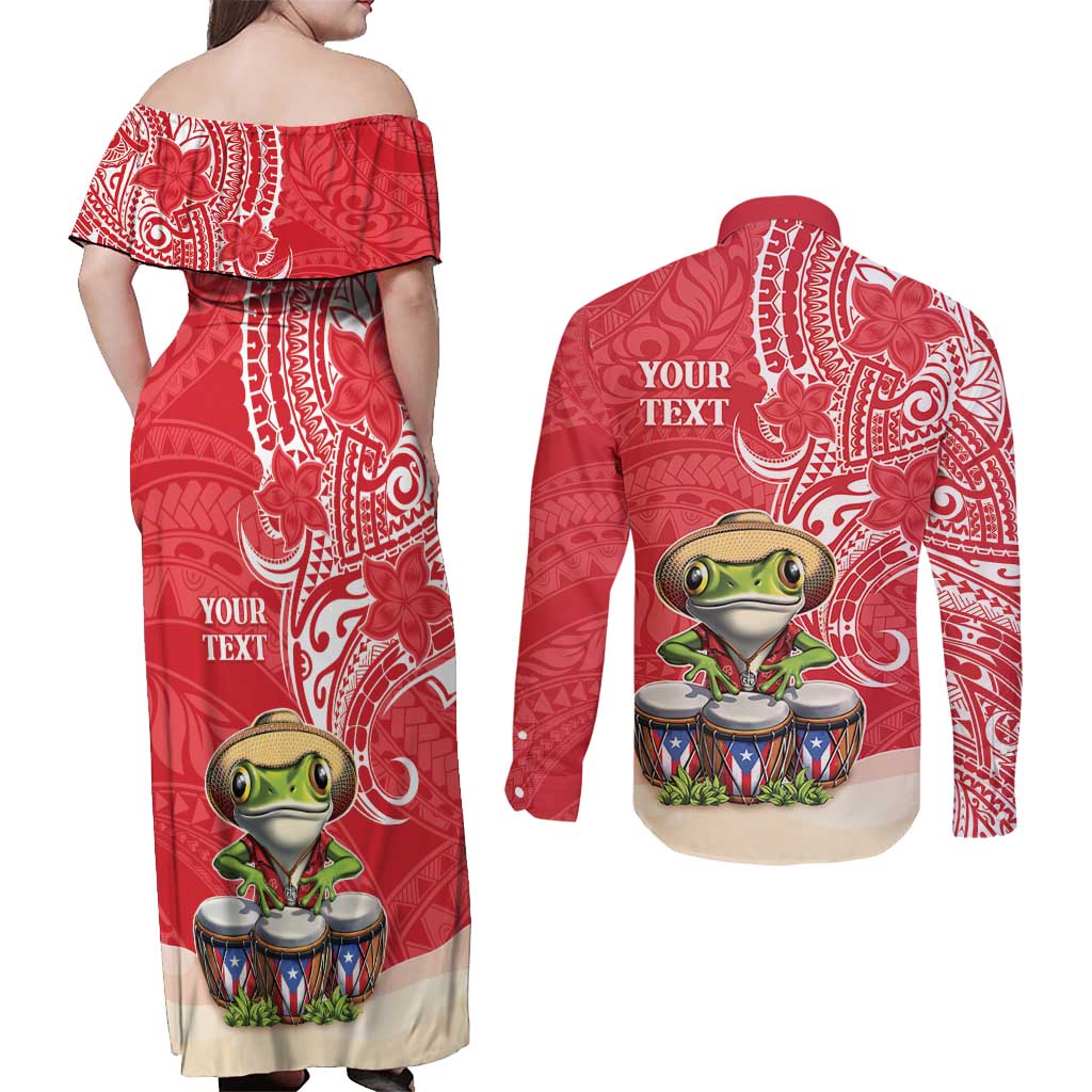 Personalized Puerto Rico Couples Matching Off Shoulder Maxi Dress and Long Sleeve Button Shirt Coqui Frog With Polynesian Pattern - Wonder Print Shop
