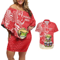 Personalized Puerto Rico Couples Matching Off Shoulder Short Dress and Hawaiian Shirt Coqui Frog With Polynesian Pattern - Wonder Print Shop