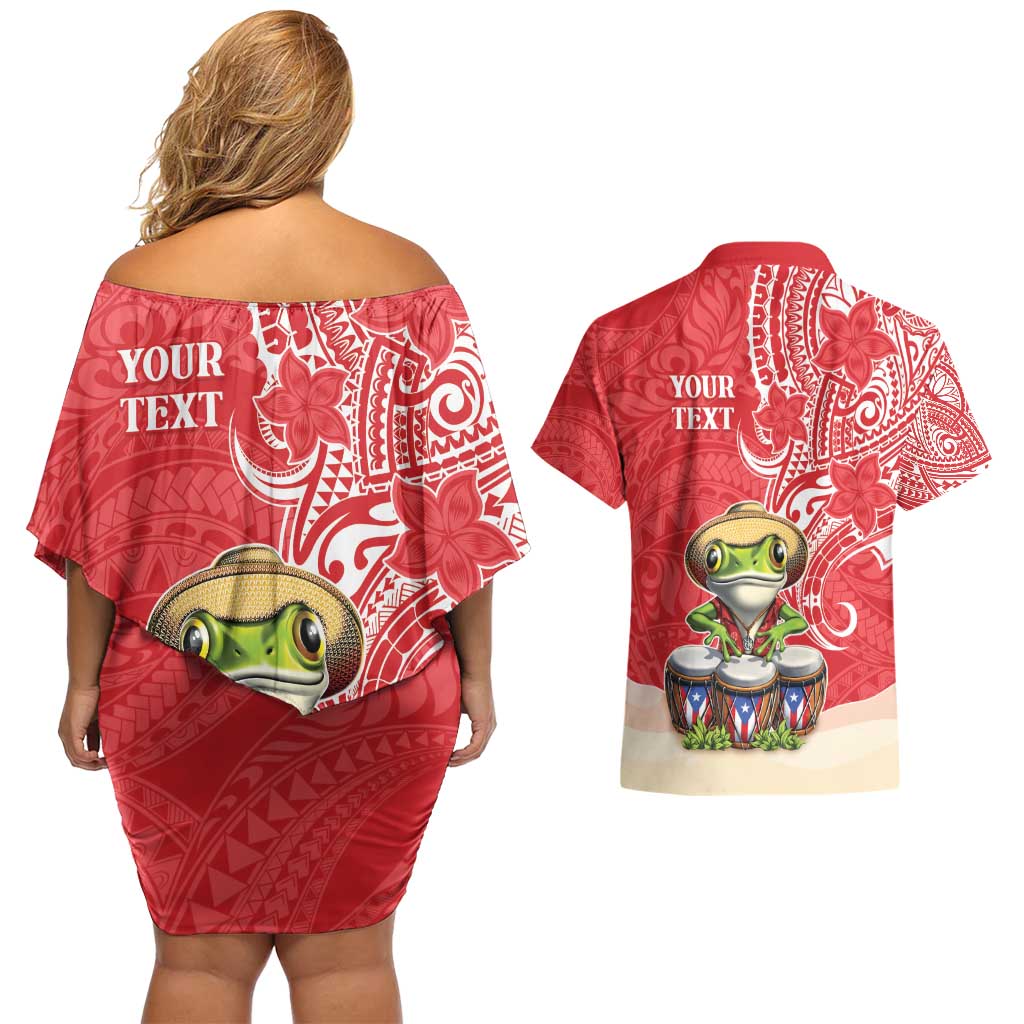 Personalized Puerto Rico Couples Matching Off Shoulder Short Dress and Hawaiian Shirt Coqui Frog With Polynesian Pattern - Wonder Print Shop