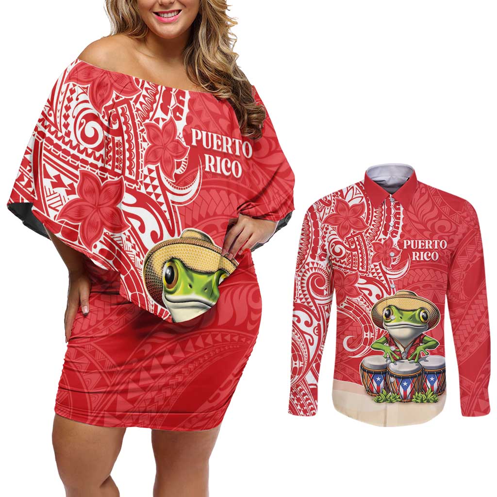 Personalized Puerto Rico Couples Matching Off Shoulder Short Dress and Long Sleeve Button Shirt Coqui Frog With Polynesian Pattern - Wonder Print Shop