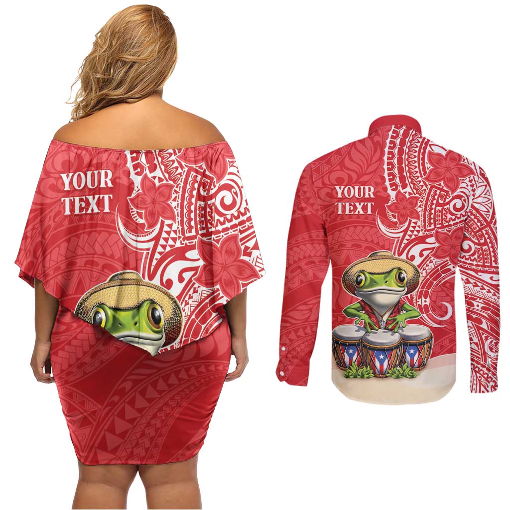 Personalized Puerto Rico Couples Matching Off Shoulder Short Dress and Long Sleeve Button Shirt Coqui Frog With Polynesian Pattern - Wonder Print Shop