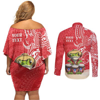 Personalized Puerto Rico Couples Matching Off Shoulder Short Dress and Long Sleeve Button Shirt Coqui Frog With Polynesian Pattern - Wonder Print Shop