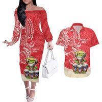 Personalized Puerto Rico Couples Matching Off The Shoulder Long Sleeve Dress and Hawaiian Shirt Coqui Frog With Polynesian Pattern - Wonder Print Shop