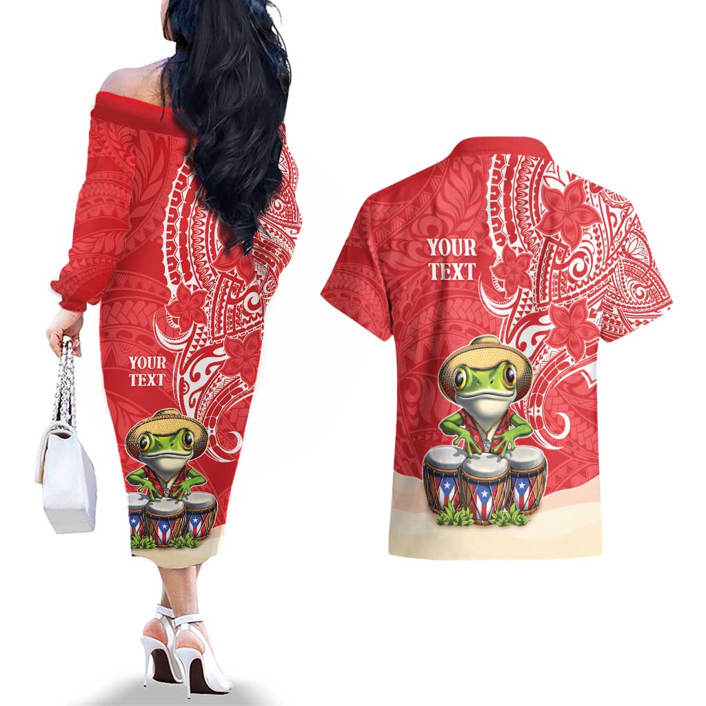 Personalized Puerto Rico Couples Matching Off The Shoulder Long Sleeve Dress and Hawaiian Shirt Coqui Frog With Polynesian Pattern - Wonder Print Shop