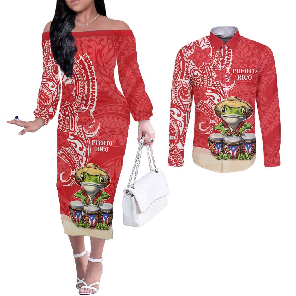 Personalized Puerto Rico Couples Matching Off The Shoulder Long Sleeve Dress and Long Sleeve Button Shirt Coqui Frog With Polynesian Pattern - Wonder Print Shop