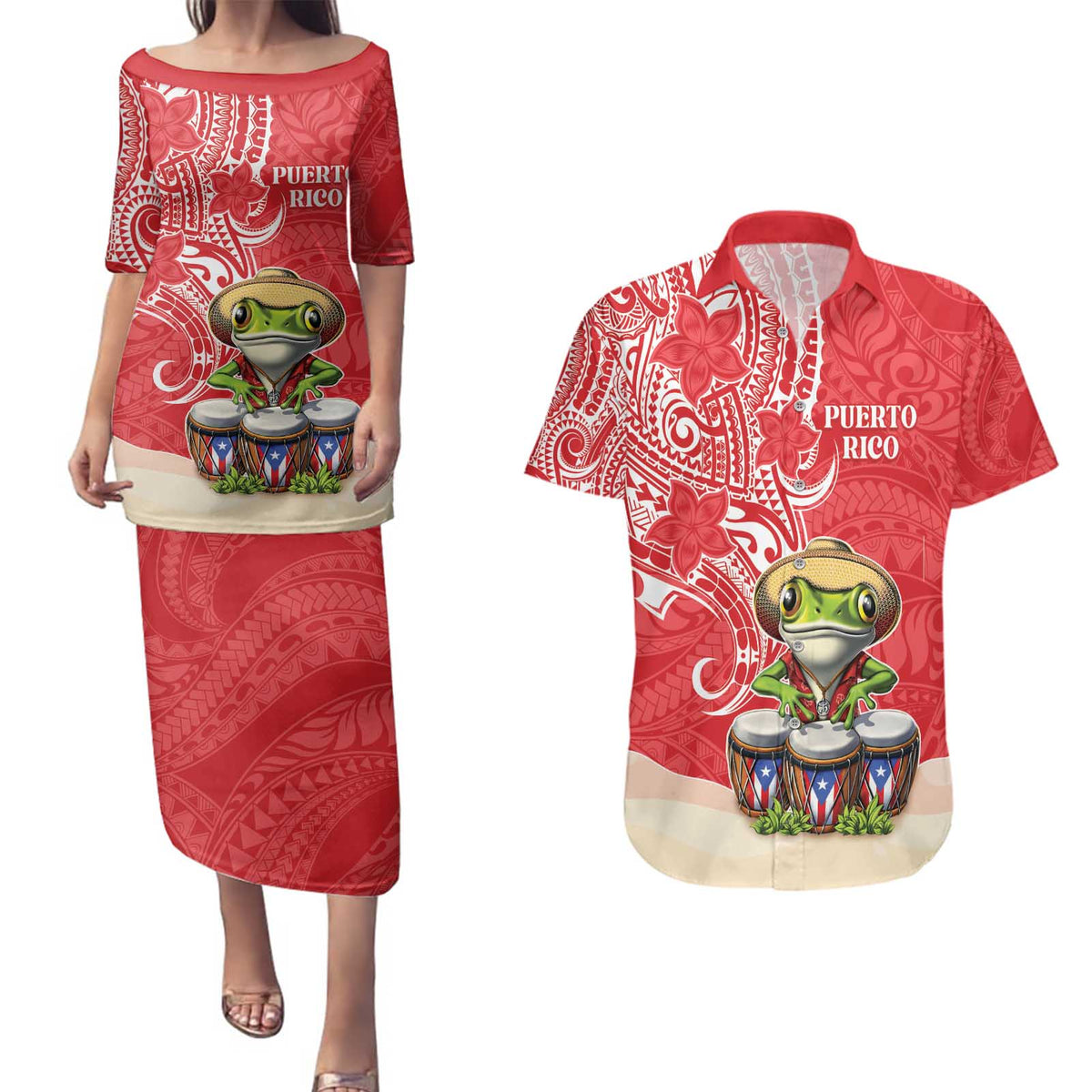 Personalized Puerto Rico Couples Matching Puletasi and Hawaiian Shirt Coqui Frog With Polynesian Pattern - Wonder Print Shop