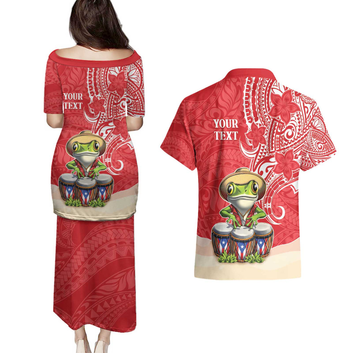 Personalized Puerto Rico Couples Matching Puletasi and Hawaiian Shirt Coqui Frog With Polynesian Pattern - Wonder Print Shop